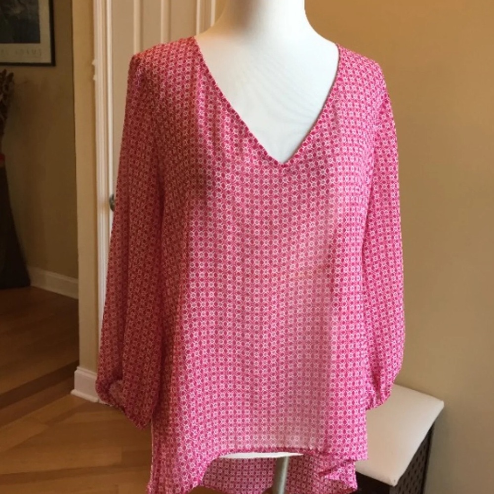 Wishful Park Pink Sheer Geometric Blouse V-Neck Long Sleeve Size XL
